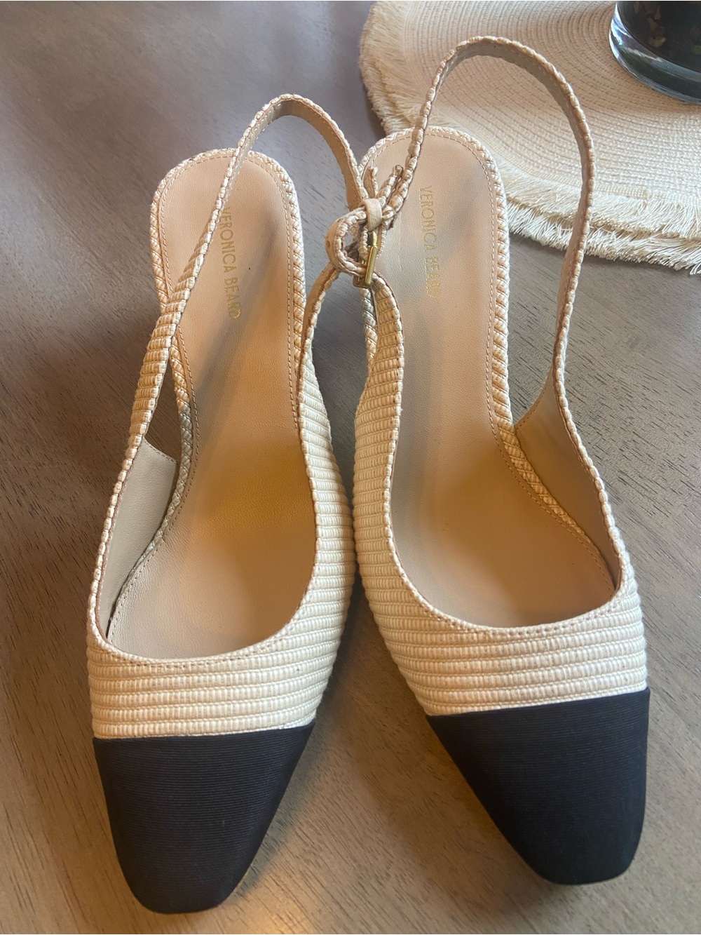 New Veronica Beard never worn. Cecil sling backs in woven cream with black toe
